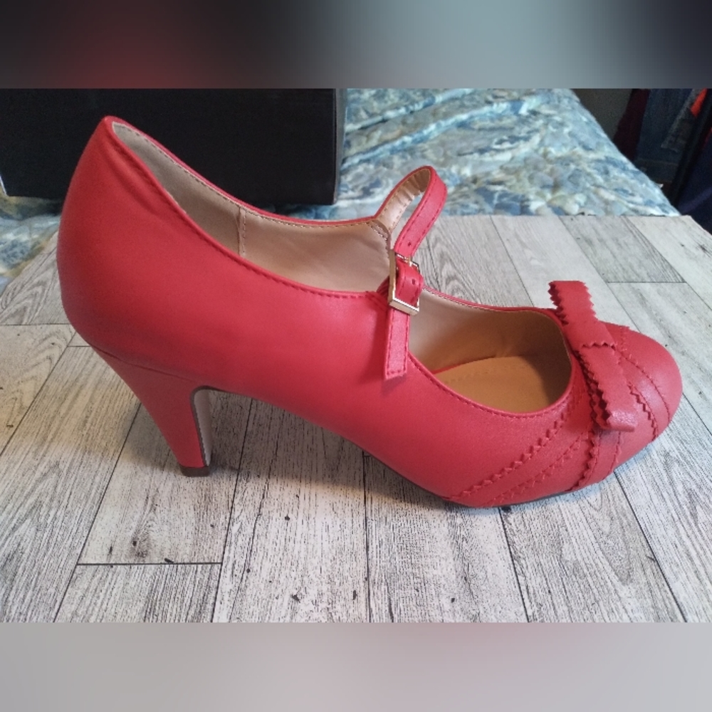 Chase + Chloe Red Mary Jane Heels with Bow